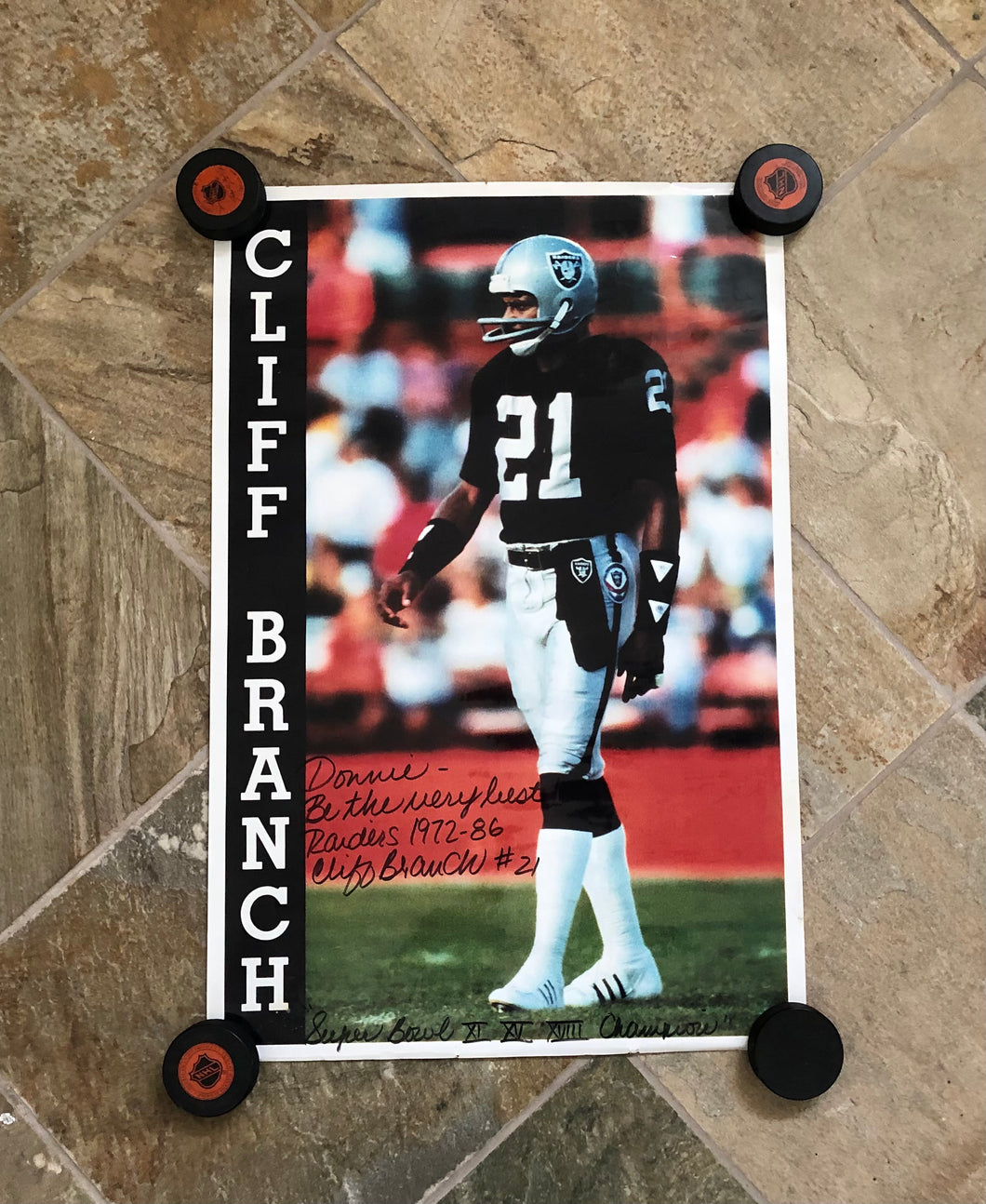 Vintage Oakland Raiders Cliff Branch Autographed Football Poster