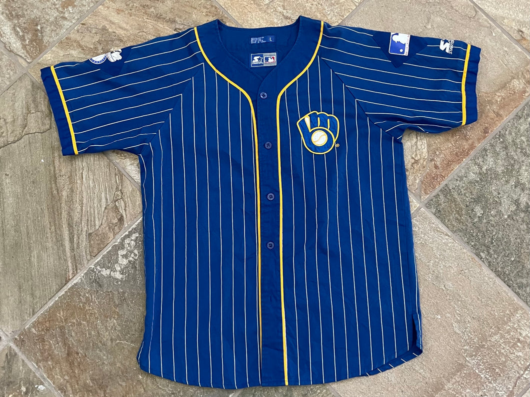 Vintage Milwaukee Brewers Starter Pinstripe Baseball Jersey, Size Large