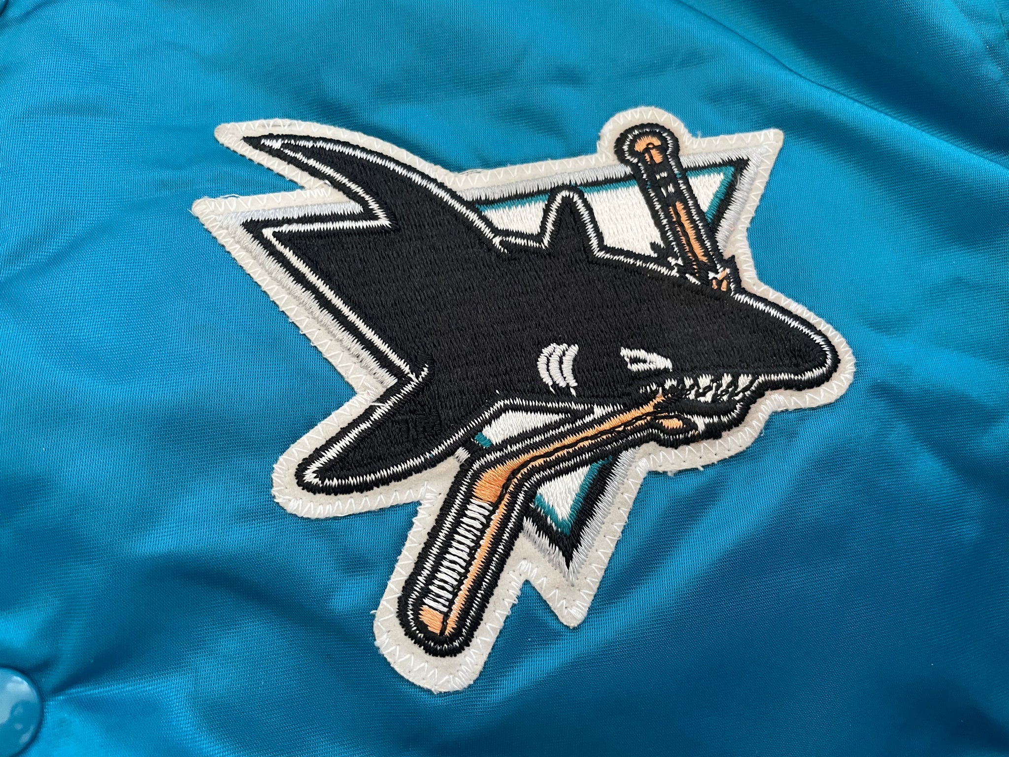 Vintage Shain of Canada NHL San Jose Sharks Bomber Satin Jacket Mens S Teal  Blue