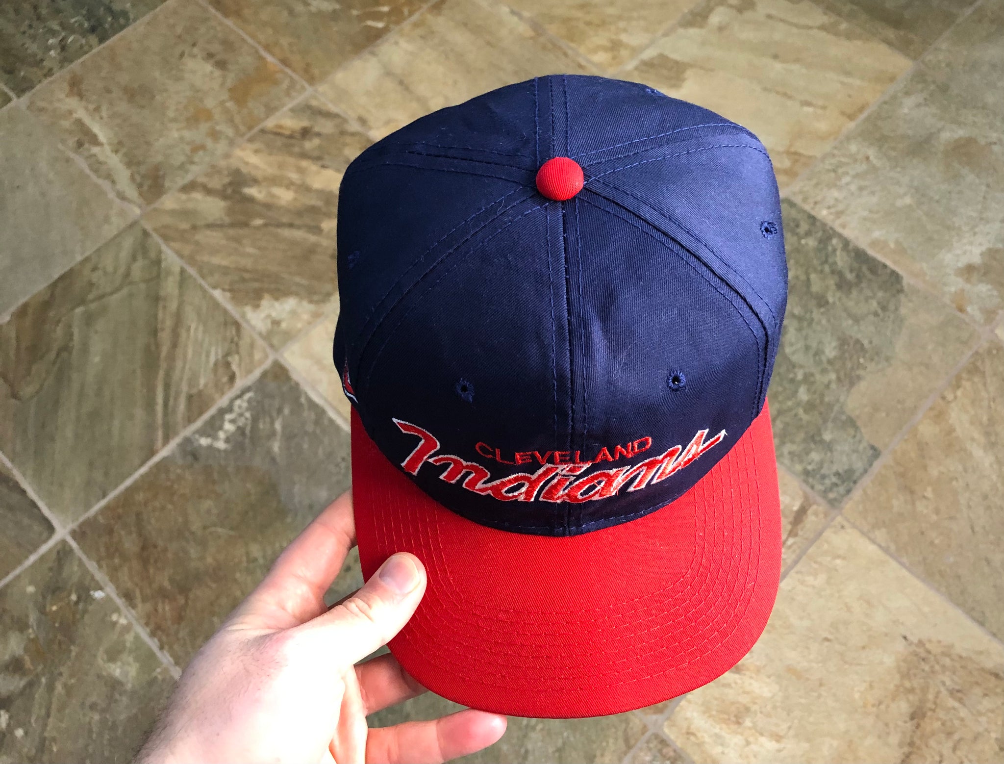 VTG Authentic Cleveland Indians Cursive MLB Navy Batting Practice