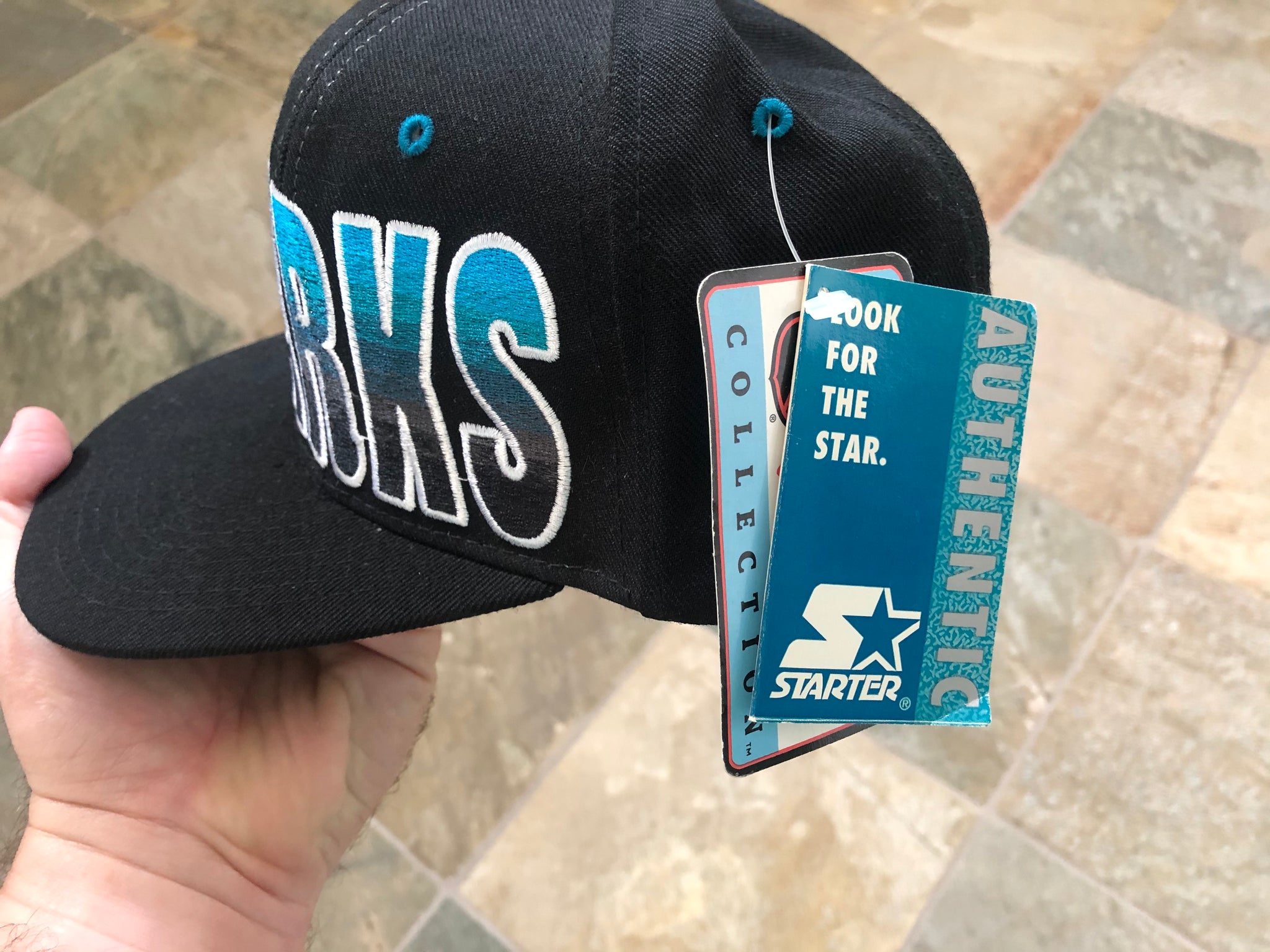 Vintage 90s San Jose Sharks Starter Snapback Hat Cap NHL Hockey Black Blue