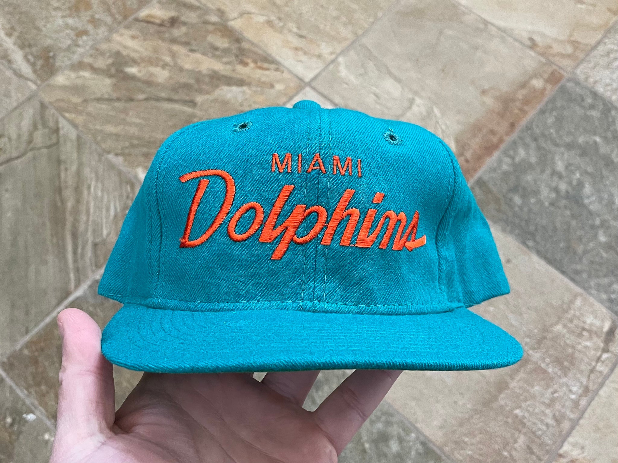 90's Miami Dolphins Sports Specialties Single Line Script NFL Snapback Hat  Wool