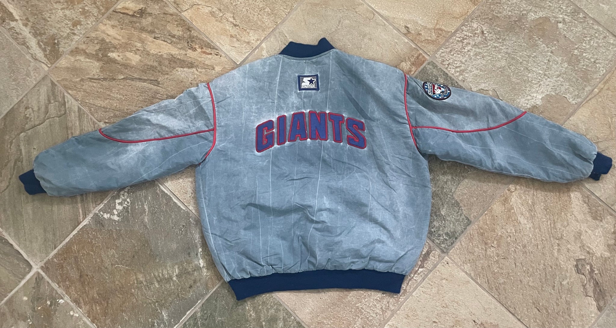 Vintage 90s New York Giants Starter Stone Wash Bomber Jacket 