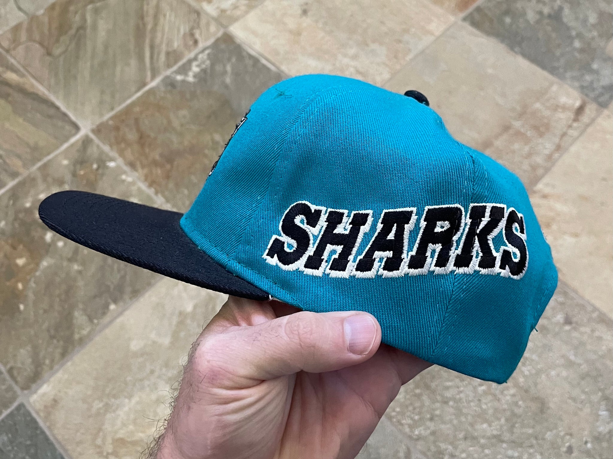 90's San Jose Sharks Sports Specialties Black Dome Script NHL Snapback Hat  – Rare VNTG